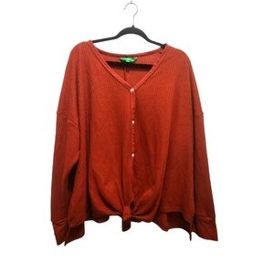 Dip Rust Waffle Knit Button Front Tie Top Plus Size 3X Casual